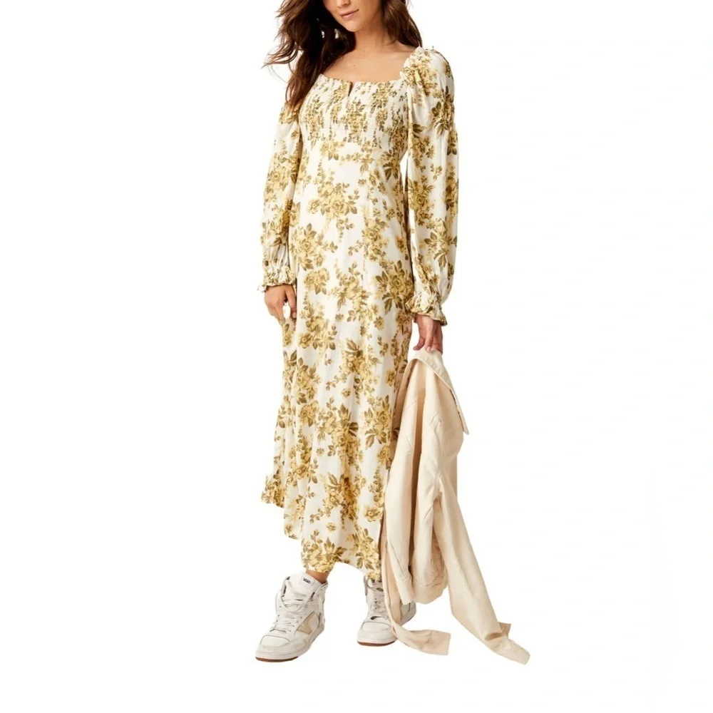 Free People Jaymes Floral Midi Dress in Pastry Cream with balloon sleeves
